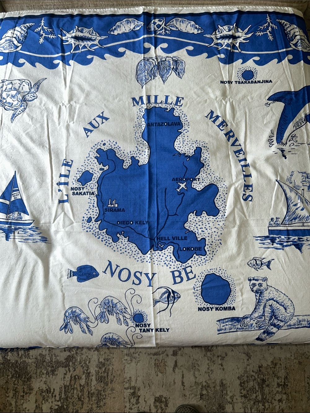 Vintage Blue and White Nosy Be Coastal Print Table Linen